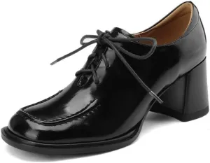 TinaCus Handmade Women's Patent Leather Square Toe Mid Block Heel Oxford Shoes