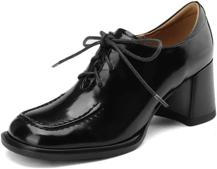 TinaCus Handmade Women's Patent Leather Square Toe Mid Block Heel Oxford Shoes