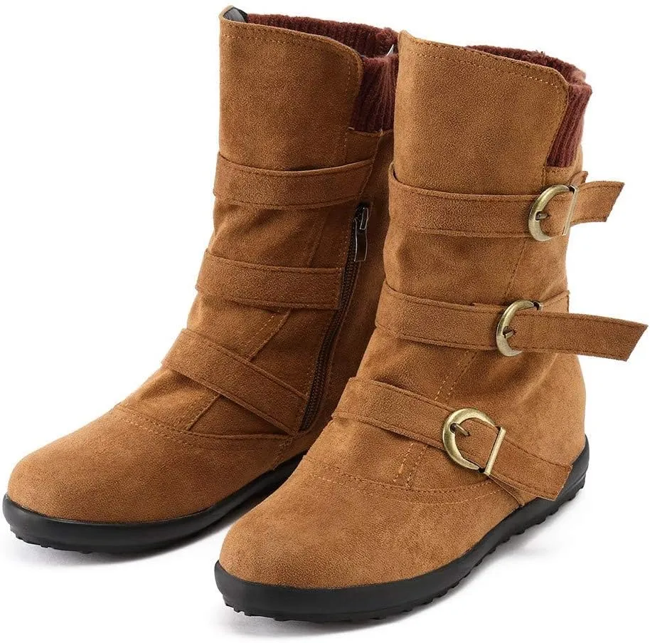 Winter Ankle Snow Boots for Women Suede Round Toe Zipper Flat Walking Shoes with Warm Fur Lined Buckle Strap Keep Warm Wide Calf Hiking Booties (Brown 6 UK) (Brown 3 UK)