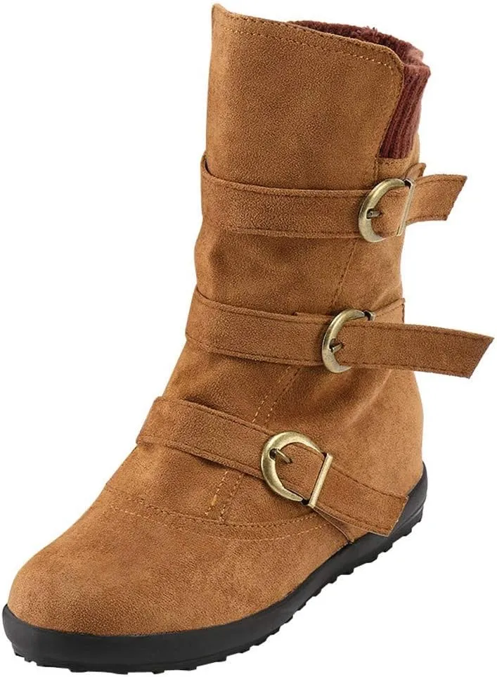 Winter Ankle Snow Boots for Women Suede Round Toe Zipper Flat Walking Shoes with Warm Fur Lined Buckle Strap Keep Warm Wide Calf Hiking Booties (Brown 6 UK) (Brown 3 UK)