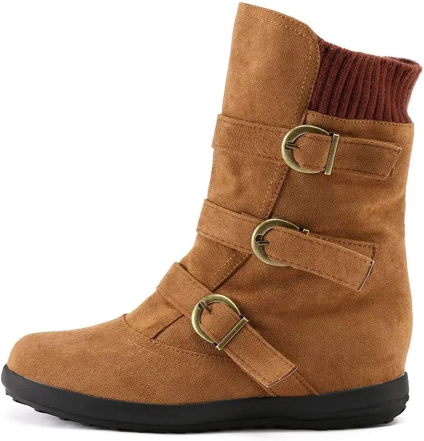 Winter Ankle Snow Boots for Women Suede Round Toe Zipper Flat Walking Shoes with Warm Fur Lined Buckle Strap Keep Warm Wide Calf Hiking Booties (Brown 6 UK) (Brown 3 UK)