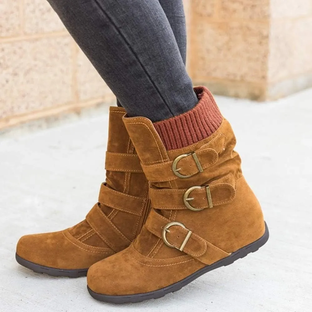 Winter Ankle Snow Boots for Women Suede Round Toe Zipper Flat Walking Shoes with Warm Fur Lined Buckle Strap Keep Warm Wide Calf Hiking Booties (Brown 6 UK) (Brown 3 UK)