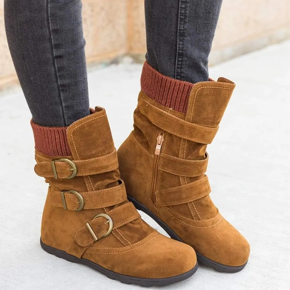 Winter Ankle Snow Boots for Women Suede Round Toe Zipper Flat Walking Shoes with Warm Fur Lined Buckle Strap Keep Warm Wide Calf Hiking Booties (Brown 6 UK) (Brown 3 UK)