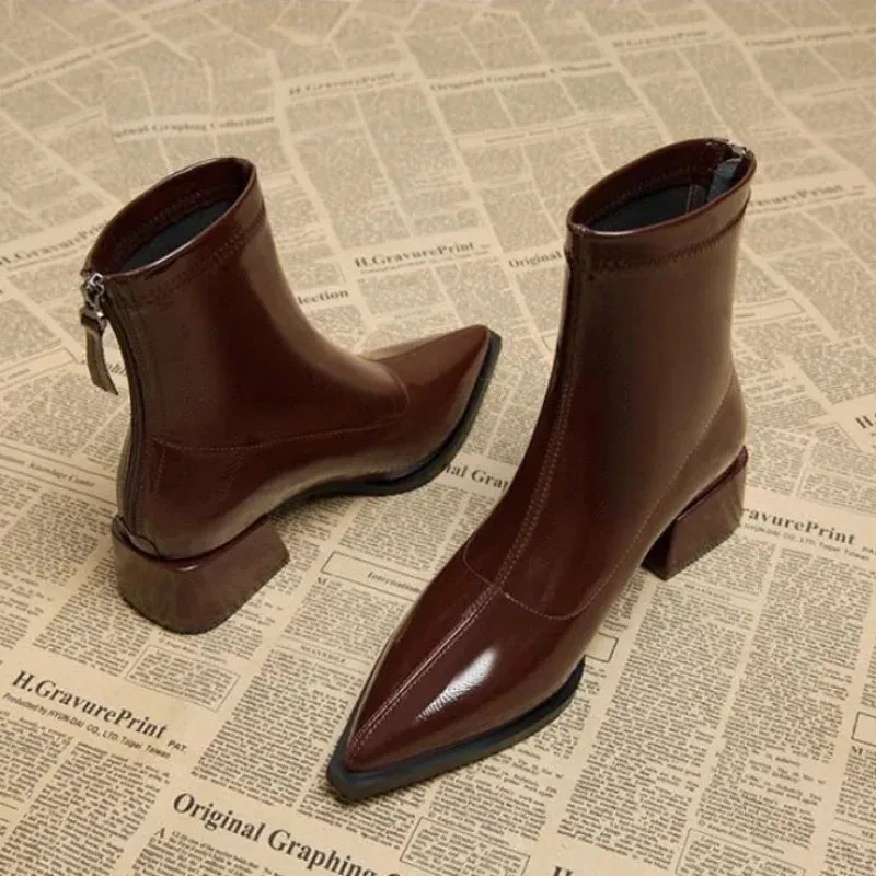 Women Ankle High Heels Chelsea Boots Pointed Toe Shoes  Designer Pumps Winter 2024 New Brand Shoes Women Motorcycle Boots