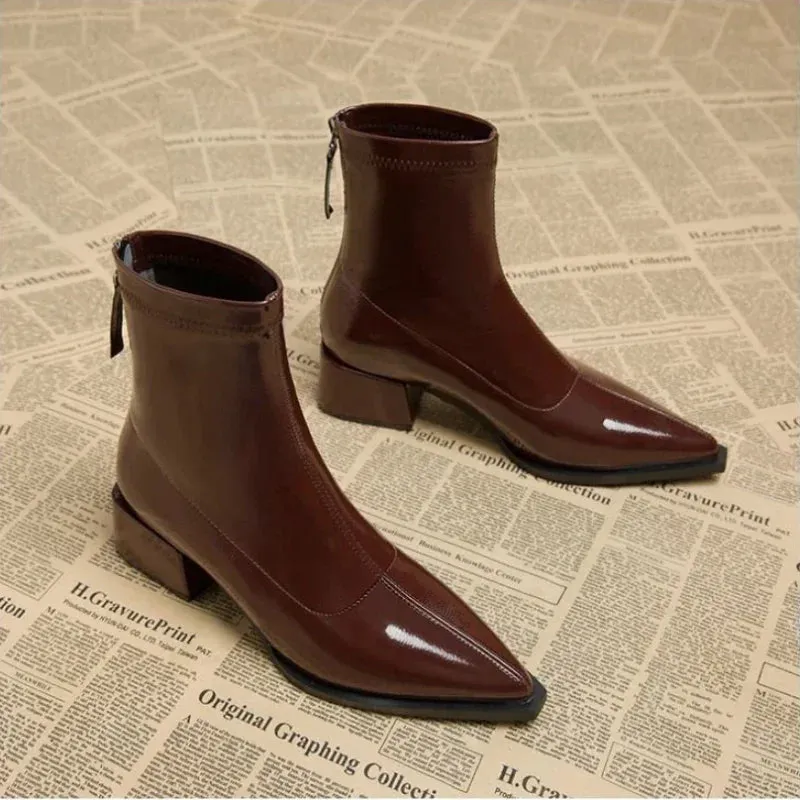 Women Ankle High Heels Chelsea Boots Pointed Toe Shoes  Designer Pumps Winter 2024 New Brand Shoes Women Motorcycle Boots