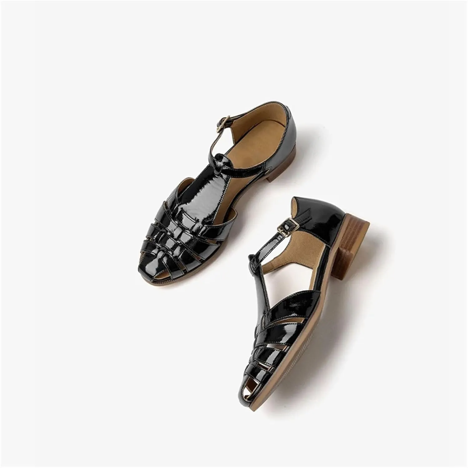 Women's Fashion Patent Cow Leather Sandals - Closed Toe Platform Summer Outdoor Casual Shoes