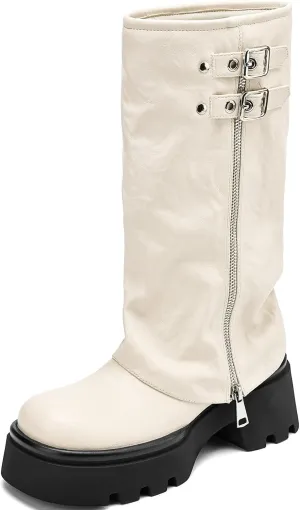 Women's Knee High Boots Comfortable Platform Round Toe Moto Boots Buckle Dress Fold Over Boots for Women