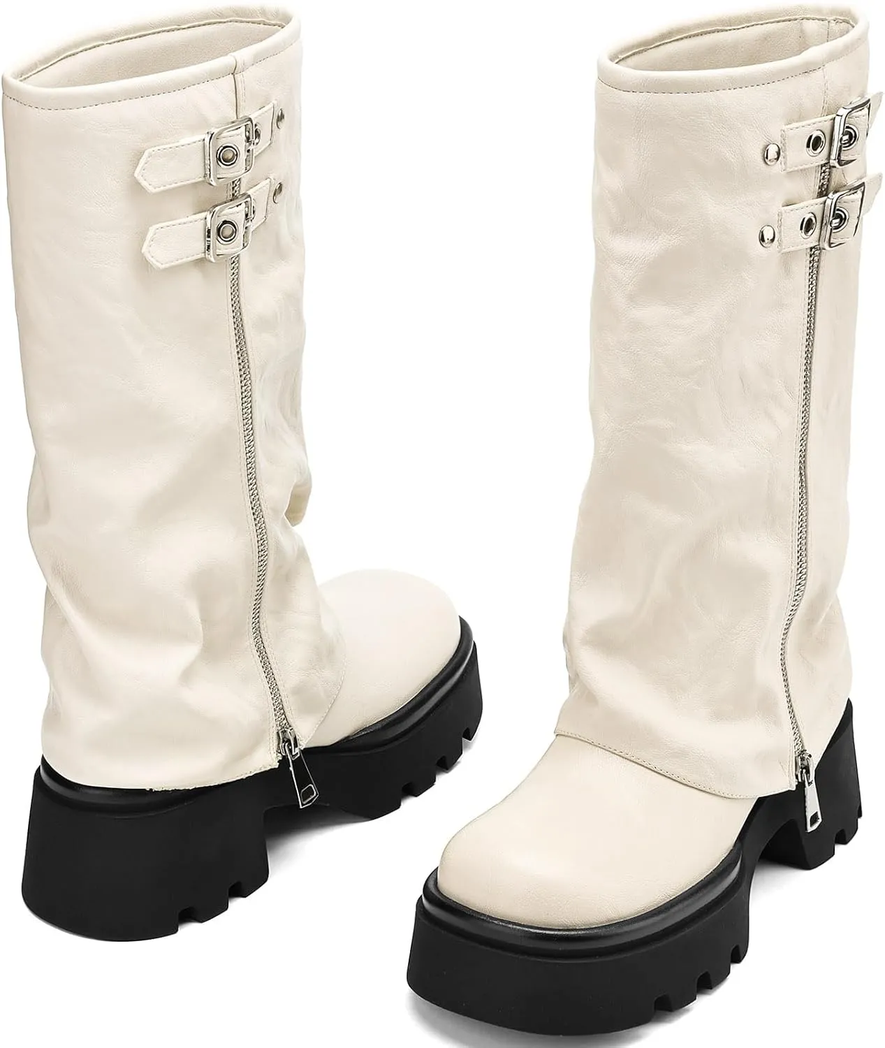 Women's Knee High Boots Comfortable Platform Round Toe Moto Boots Buckle Dress Fold Over Boots for Women
