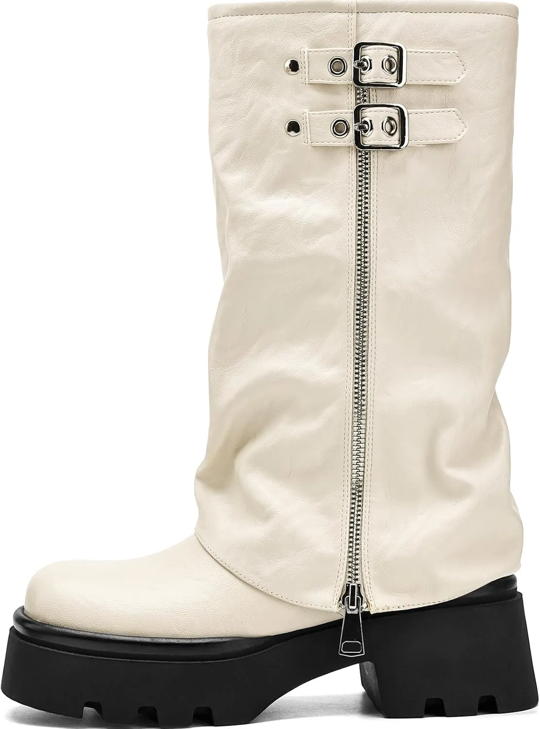 Women's Knee High Boots Comfortable Platform Round Toe Moto Boots Buckle Dress Fold Over Boots for Women