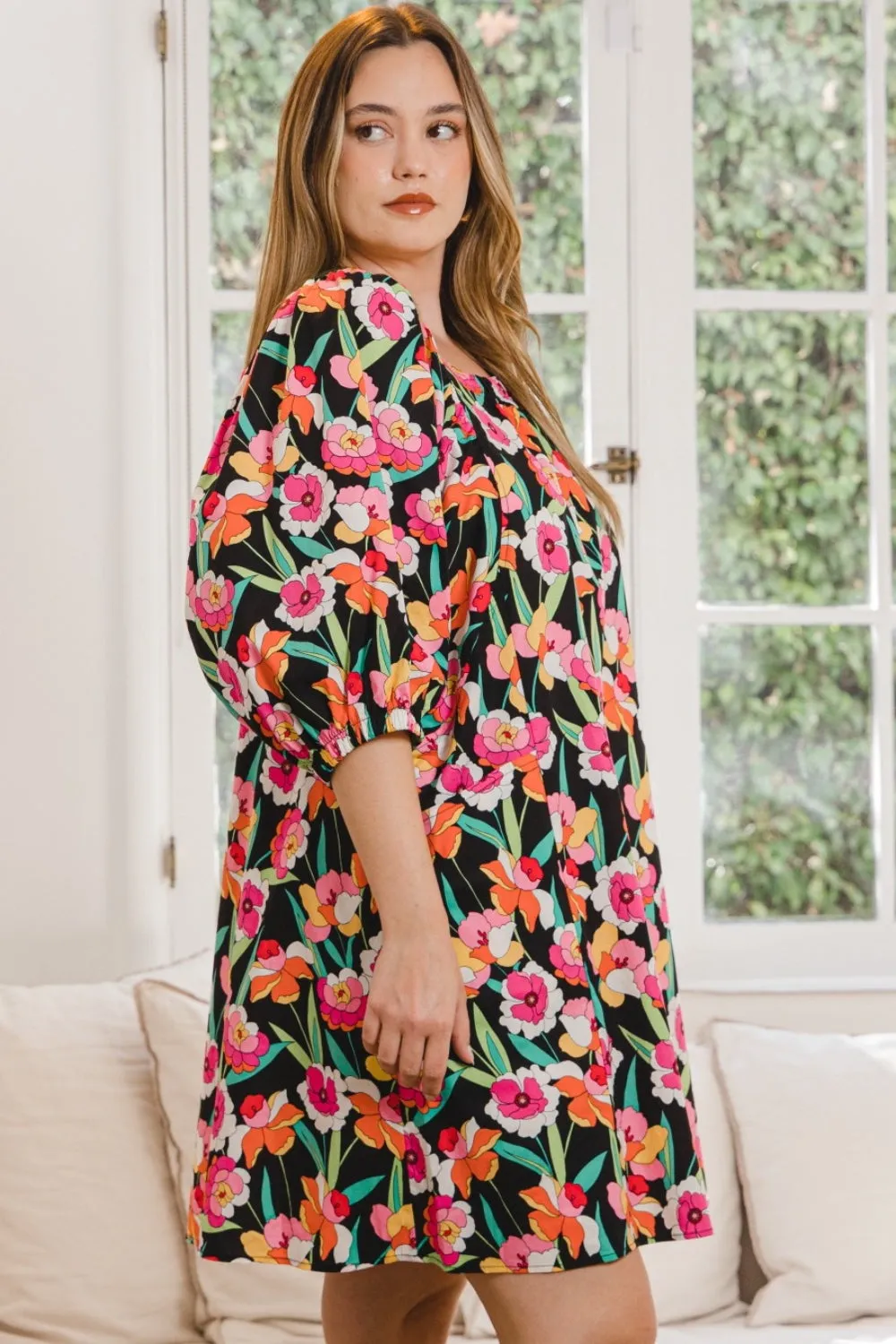 Women's ODDI Full Size Floral Puff Sleeve Mini Dress