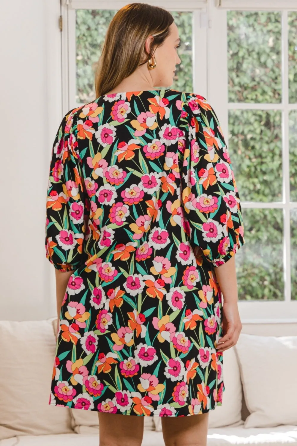 Women's ODDI Full Size Floral Puff Sleeve Mini Dress