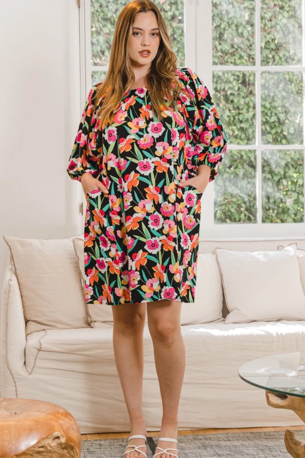 Women's ODDI Full Size Floral Puff Sleeve Mini Dress