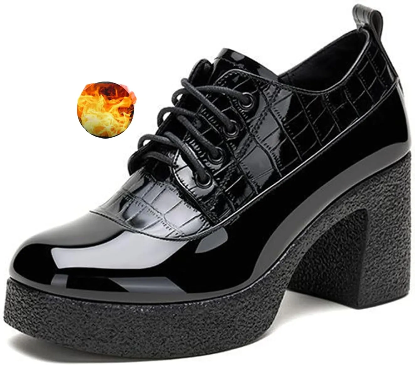 Women's Patent Leather Chunky Heel Dress Oxford Shoes Fashionable Round Head Print Platform High Heels Lace Up Pumps Business Work Shoes
