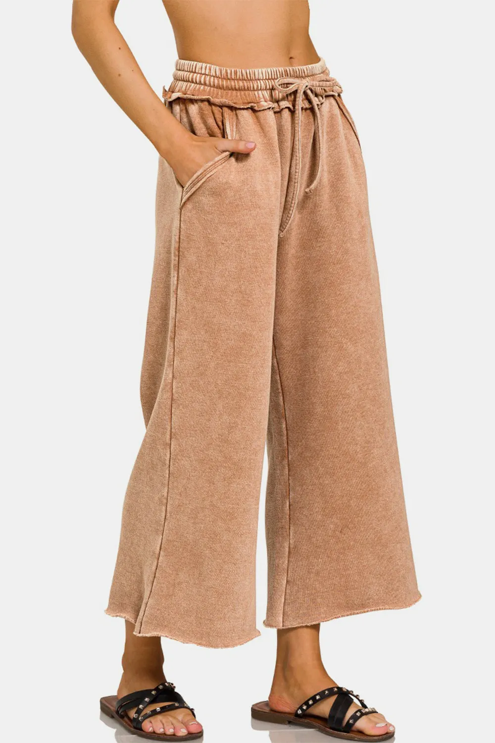 Zenana Acid Wash Fleece Wide Leg Pants in Rust