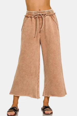 Zenana Acid Wash Fleece Wide Leg Pants in Rust