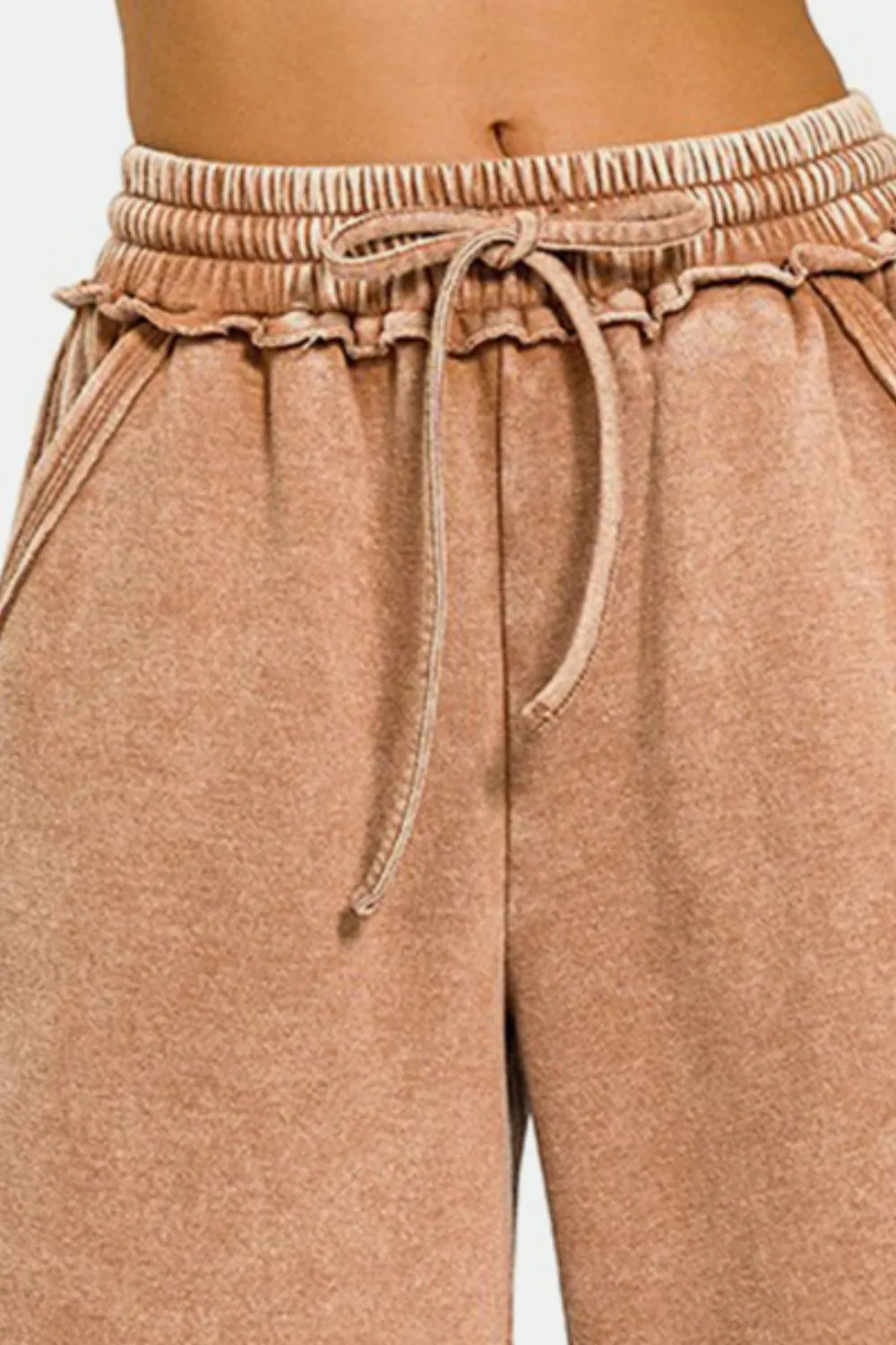 Zenana Acid Wash Fleece Wide Leg Pants in Rust